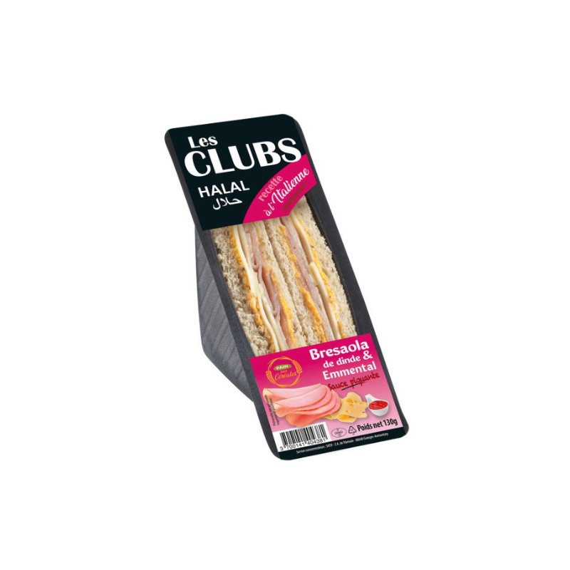 Les Clubs Halal sandwichs bresaola dinde et emmental avec sauce piquante 130 g